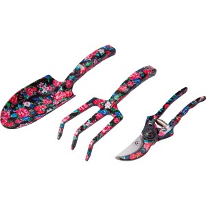 Ensemble d'outils de jardin à main 3 pièces à motif floral : pelle, râteau et sécateur.