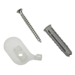 Materiale di fissaggio per supporto a soffitto Gardinia, composto da vite, tassello e supporto in plastica bianca.
