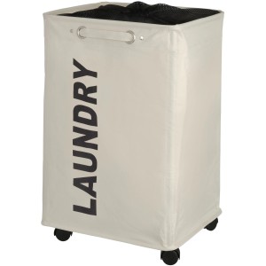 Cesto portabiancheria beige Wenko Quadro 79 l con ruote e scritta nera "Laundry".