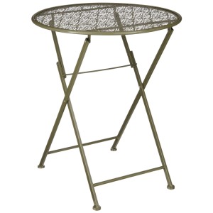 Tavolino da giardino rotondo pieghevole in ferro verde scuro con motivo floreale, altezza 70 cm.