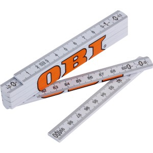 Mètre pliant OBI en fibre de verre, 1 m, plié et partiellement ouvert.