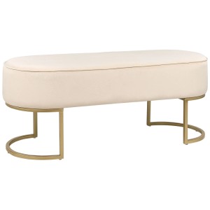 Banquette de lit en velours beige Milry avec pieds en métal doré, 40x104x40 cm. Tabouret élégant pour chambre et salon.