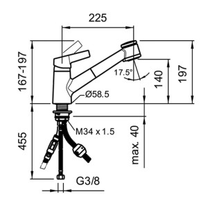 Dessin technique : Mitigeur de cuisine Similor Swap avec douchette extractible, dimensions et raccordements.
