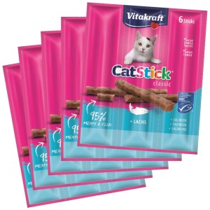 Vitakraft Cat Stick Salmone Multipack: Snack per gatti al salmone, senza zucchero, extra carnosi. 5 confezioni da 6.