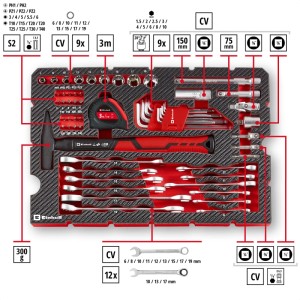 Einhell Coffret d'outils universel 80 pièces E-CASE : Assortiment d'outils avec marteau, clés, pinces et embouts.