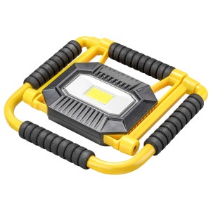 Technocraft LED proiettore a batteria Flex, pieghevole, telaio giallo, faro da cantiere con power bank.