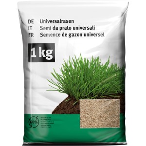 Emballage de graines de gazon universel 1 kg avec illustration de graines et d'herbe.