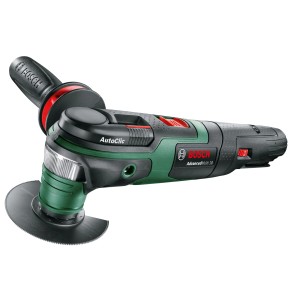 Outil multifonction sans fil Bosch AdvancedMulti 18 (batterie non incluse) avec lame de scie et poignée auxiliaire.