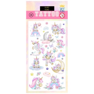 Hauttattoos mit Einhorn-Motiven in Wasserfarben-Optik, 8,5x19,5 cm, für Kindergeburtstage.