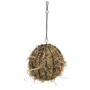 Mangiatoia Food-Ball in metallo nero (Ø 16cm) riempita di fieno, da appendere alla gabbia.