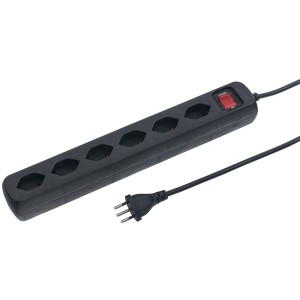 Schwarze Power Easy Steckdosenleiste mit 6 Typ13-Steckplätzen, Kinderschutz und Reset-Schalter.