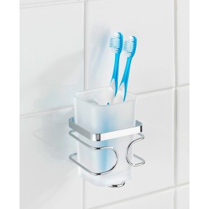 Wenko Zahnputzbecher Premium Edelstahl glänzend mit zwei Zahnbürsten.