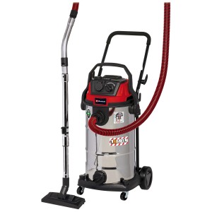Einhell TE-VC 2238 aspirateur eau et poussière avec cuve en inox, tuyau rouge et accessoires.