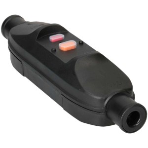 Interruttore differenziale portatile nero 16A/230V con pulsanti test e reset per maggiore sicurezza.