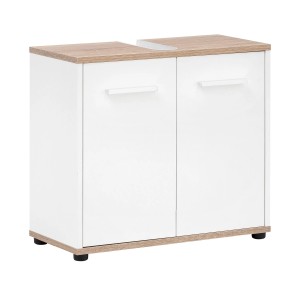 Meuble sous-vasque Badmobil CHI blanc avec décor bois, meuble de salle de bain 2 portes.