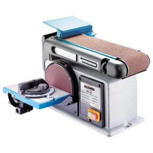 Levigatrice a disco e nastro Alduro TBS-151 per legno con disco abrasivo, nastro abrasivo e piano di lavoro regolabile.