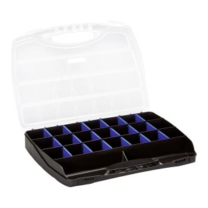 Boîte de rangement LUX 32cm avec couvercle transparent et compartiments flexibles.