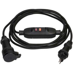 Rallonge noire avec interrupteur de sécurité FI, longueur 5 m, IP55 pour chantiers.