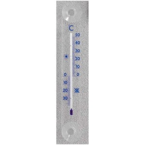 Thermomètre extérieur transparent Möller Therm avec ventouses et échelle bleue.
