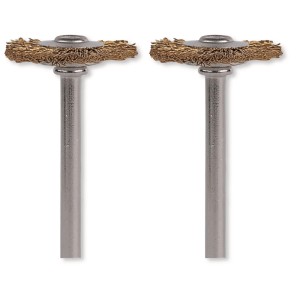 Due spazzole in ottone Dremel 19 mm con setole rotonde dorate e gambo metallico per minuterie.