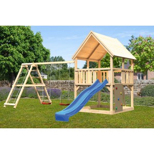 Tour de jeu Karibu Luis avec balançoire double, mur d'escalade et toboggan bleu dans le jardin.