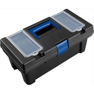 Boîte à outils LUX noire avec poignée bleue et compartiments de rangement transparents dans le couvercle.