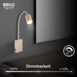 Beige Brilo Akku-LED-Wandleuchte Smooth, dimmbar, mit flexiblem Arm an dunkler Wand. Kabellose LED-Leselampe.