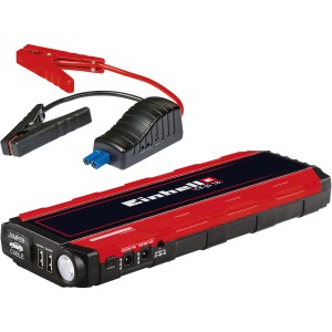 Einhell CE-JS 18 Jump-Start Power Bank con cavi di avviamento e luce LED.