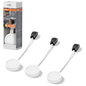 Osram LED-Unterschrankspots Puck, 3er-Set, Aluminium, weiß, Ø 6,5cm, 3W. Kompakte LED Unterbauleuchten.