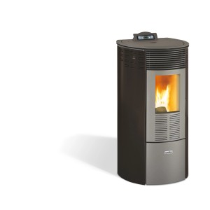 Poêle à granulés Ecofox noir, rond, avec fenêtre et flammes. Catégorie : Poêles à granulés.