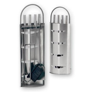 Set de 5 accessoires de cheminée Firefix en acier/inox avec support. Accessoire pour cheminées et poêles.