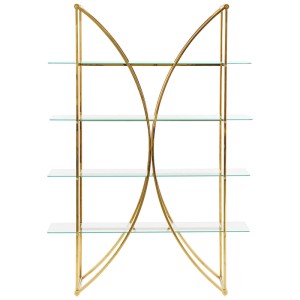 Étagère Beliani Hollow en acier inoxydable doré avec 4 étagères en verre. Design élégant pour livres et décorations.