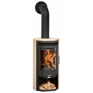 Poêle à bois Justus Usedom 5D en grès noir, 5kW, classe A. Cheminée avec bois dans le foyer.