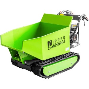 Zipper Mini Dumper ZI-MD500HST : Machine de chantier verte avec chenilles et benne basculante.