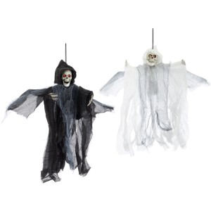 Déco Halloween : Faucheuse LED volante, 45cm, en noir et blanc. Figurines décoratives pour une ambiance effrayante.