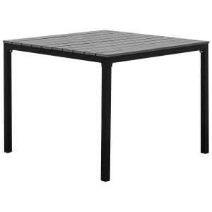 Tavolo da giardino quadrato Prato, legno sintetico grigio, con struttura in alluminio nero. Resistente agli agenti atmosferici e facile da pulire.