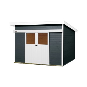 Moderna casetta da giardino in legno Weka Turin color antracite con tetto a falda e dettagli bianchi.