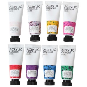 8 tubes de peintures acryliques à paillettes I Am Creative, couleurs variées.