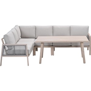 Set lounge Decala 5 pezzi effetto rovere con tavolo e cuscini grigi per giardino o terrazzo.