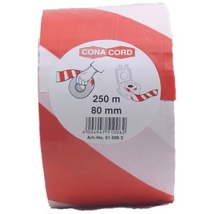 Nastro di segnalazione Conacord rosso-bianco, 80 mm x 250 m, in polietilene per delimitare aree.