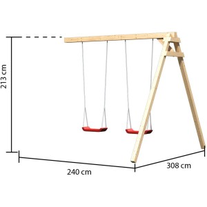 Extension balançoire double Karibu en épicéa naturel avec deux sièges rouges.