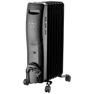 Radiatore a olio Emerio nero con 7 alette, 1500 W, display digitale e ruote.