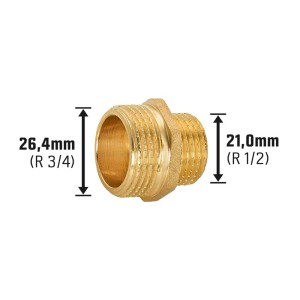 Riduttore filettato in ottone, 21 mm (R 1/2) x 26,4 mm (R 3/4) per riscaldamento e acqua potabile.