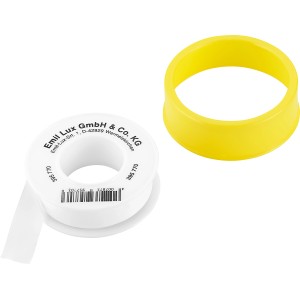 Ruban d'étanchéité pour filetage (ruban PTFE) 0,1 mm x 12 mm x 12 m sur rouleau, blanc, avec bobine jaune.