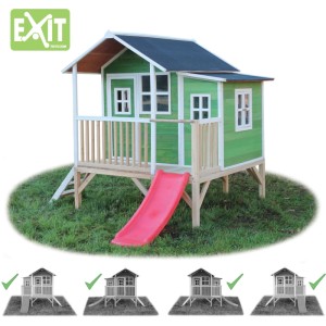 Maisonnette en bois verte EXIT Loft 350 avec toboggan, échelle et extension pour enfants.