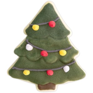 Grünes Tannenbaum-Plätzchen mit Prägemuster, verziert mit bunten Kugeln. Ideal für Weihnachtsbäckerei.