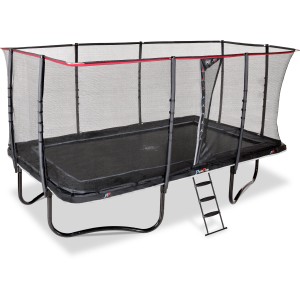 Trampolino da giardino rettangolare nero EXIT PeakPro con rete di sicurezza e scala.