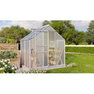 Vitavia Gewächshaus Comet 2500 mit Alu-Rahmen und geöffneter Schiebetür im Garten.