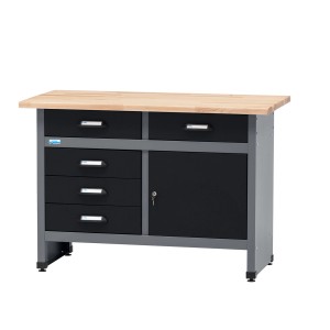 Établi Küpper avec porte et 5 tiroirs, noir-gris clair, certifié FSC®.