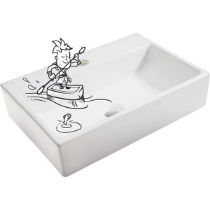 Vasque à poser rectangulaire blanche baliv WBA-7020 avec trou de robinet et dessin humoristique.